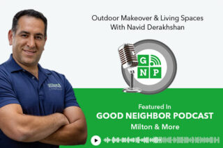 A promotional graphic shows a man in an Outdoor Makeover polo beside a microphone logo and text announcing a Good Neighbor Podcast feature.