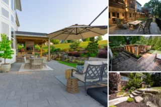 Collage of patios featuring a backyard with seating, an umbrella, a garden, and additional patios with dining sets, lighting, pergolas, and landscaping.