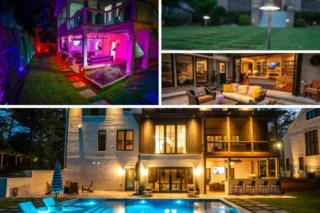 Collage showing vibrant garden path lights, lamps by a lawn, cozy patio seating, and a glowing backyard pool at dusk.