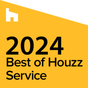 A yellow badge featuring a white Houzz logo in the top left and bold black text reading 