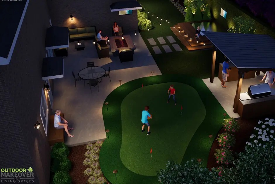 People socialize in a cozy backyard at night, while two kids play on a putting green among seating areas, a grill, and glowing string lights.