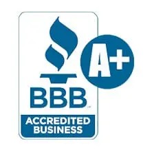 The BBB Accredited Business logo features a blue torch, an A+ rating inside a blue circle, and the words ACCREDITED BUSINESS below.