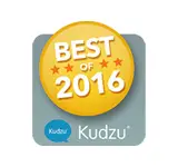 A yellow Best of 2016 badge with four stars is on a gray square, above a blue speech bubble with Kudzu and the Kudzu logo.