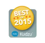 A yellow Best of 2015 badge with five orange stars sits on a blue-gray background above a blue speech bubble and the Kudzu logo.