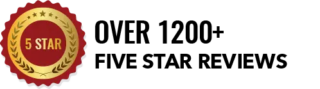 A gold and red badge with "5 STAR" beside bold black text that says "OVER 1200+ FIVE STAR REVIEWS" on a light background.