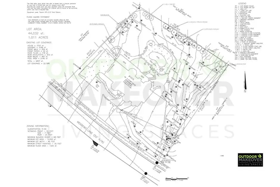 Landscape design blueprint with pathways, trees, shrubs, zones, site measurements, a legend, and Outdoor Makeover watermark in the background.