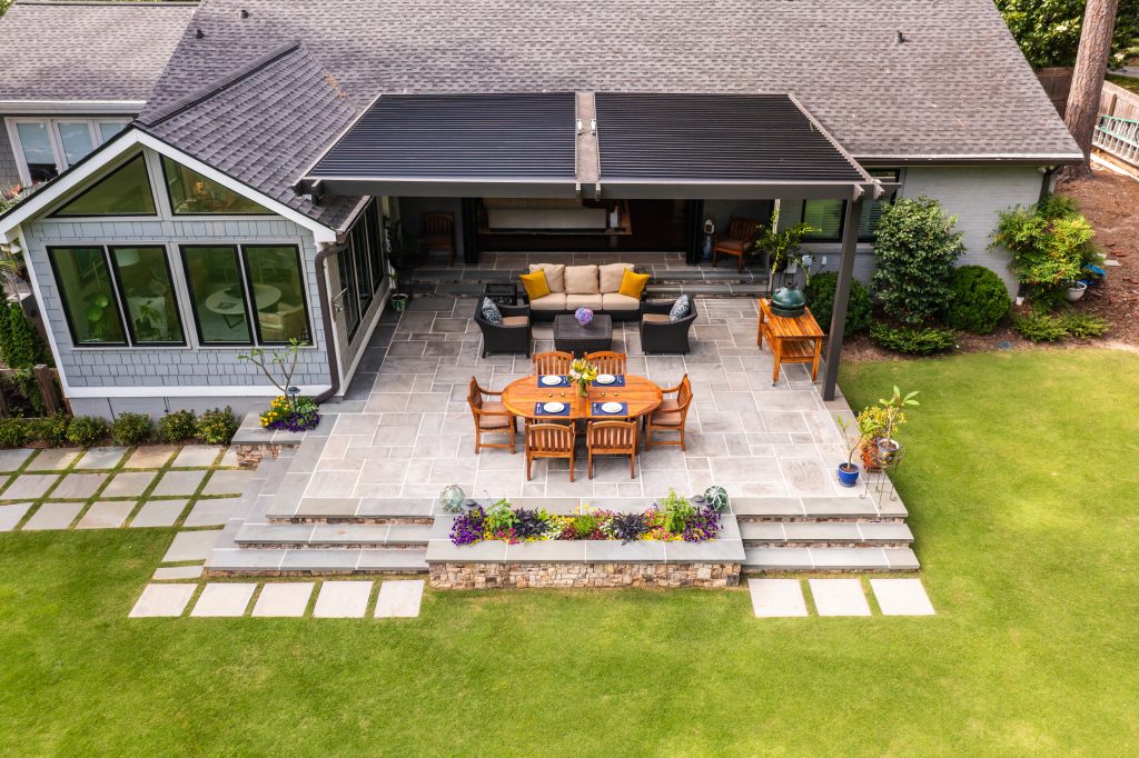 Spacious patio with dining area.
