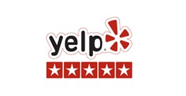 The Yelp logo is shown above five red stars, each featuring a white star in the center, indicating a five-star rating.