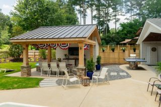 Outdoor patio with seating and decorations